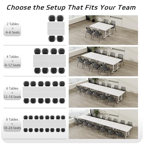 Folding Conference Table with Wheels Set of 6, Modular Conference Room Table for 6-12 Person Meetings, Flip Top Rolling Training & Classroom Tables, Nesting Office Tables - color: White, size: 55.1 in