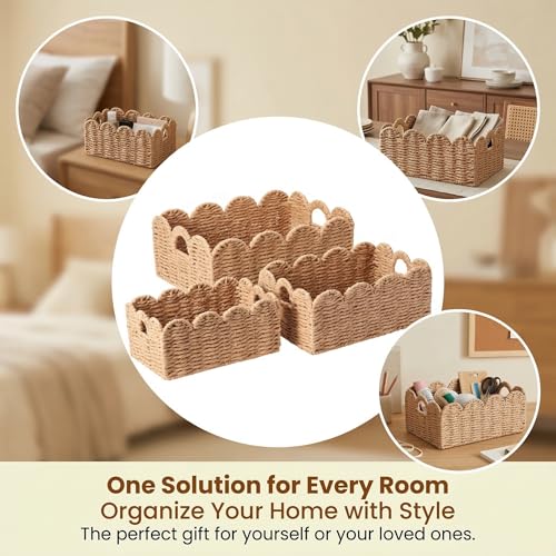 Scalloped Wicker Baskets Set of 3, Hand-Woven Storage with Handles | set of 3 tan scalloped baskets with handles. Hand-woven paper rope for shelves, bathroom or closet. Stackable, sturdy. - color: Tan