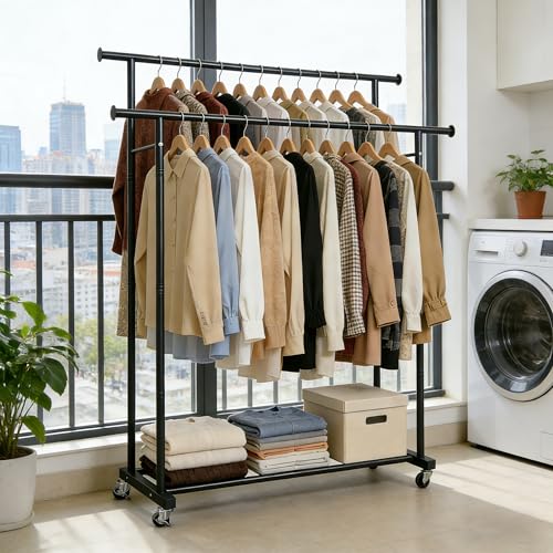 Double Rods Rolling Clothing Rack for Hanging Clothes Portable Wardrobe Rack with Wheels Metal Garment Rack Sturdy Coat Rack with Double Shelves for Bedroom Laundry Living Room, Black