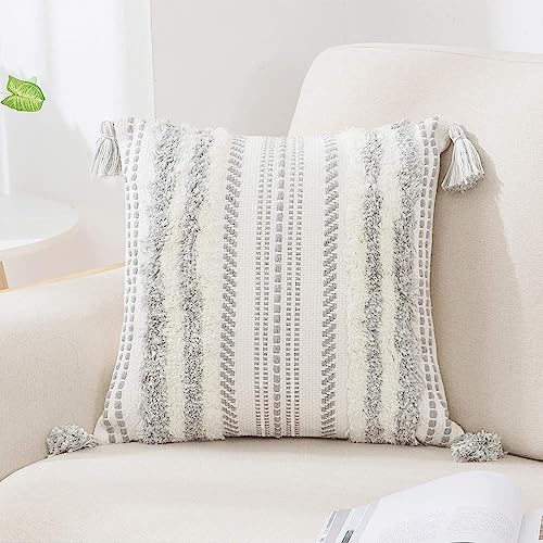 decorUhome Grey and Cream White Throw Pillow Cover 20x20 Pack of 1 | Decorative Boho Accent Pillow Cover Neutral Modern Farmhouse Tufted Textured Pillow Cover for Couch Bed Sofa - color: Grey and Cream White, size: 20" x 20" (Pack of 1)