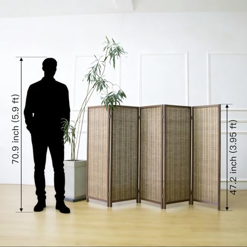 5 Panel Short Room Divider Screen,Brown Freestanding Partition,Small Bamboo Panel Divider for Room Seperation,3.95 FT Tall - color: Brown, size: 5 Panel