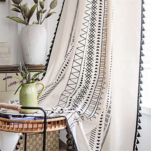 Deeprove Boho Curtains 96 Inches Long, White Cream Cotton and Linen Bohemian Print Black Tassel, Geometric Semi-Blackout Window Panel Farmhouse Drape for Living Room, Rod Pocket, 1 Panel, W59 x L96 - color: Cream & Black Boho, size: 59"W x 96"L (Pack of 1