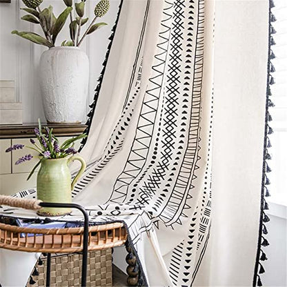 Deeprove Boho Curtains 96 Inches Long, White Cream Cotton and Linen Bohemian Print Black Tassel, Geometric Semi-Blackout Window Panel Farmhouse Drape for Living Room, Rod Pocket, 1 Panel, W59 x L96 - color: Cream & Black Boho, size: 59"W x 96"L (Pack of 1