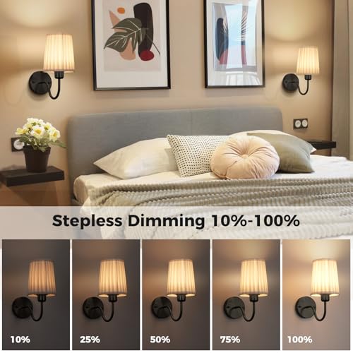 Battery Operated Wall Sconce Set of 2, Rechargeable Wall Sconces with 10000mAh Dimming Magnetic Bulb, Wireless Battery Powered Wall Lights with Pleated for Bedroom Living Room Gallery Hallway,Black - color: Black-White