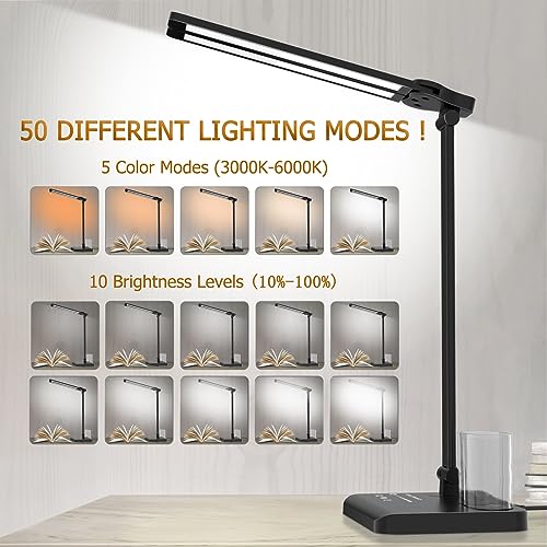 Dimmable LED Desk Lamp with USB Charging Port, 50 Lighting Modes Dual Swing Arm Architect Table Lamp Light Desk Lamp for Home Office Dorm Piano Nail - color: Black
