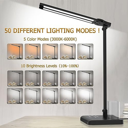 Dimmable LED Desk Lamp with USB Charging Port, 50 Lighting Modes Dual Swing Arm Architect Table Lamp Light Desk Lamp for Home Office Dorm Piano Nail - color: Black