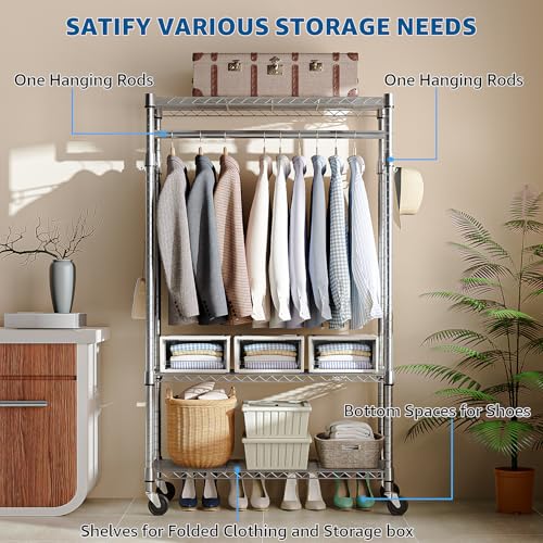 M MZG Heavy Duty Rolling Garment Rack 3 Tiers Adjustable Wire Shelving Clothes Rack with Rods and Side Hooks,Storage Closet Clothing Rack with Wheels Chrome 15.7" D x 29.5" W x 74.5" H - color: Chrome, size: 3 Tier with 1 rod, 15.7"D x 29.5"W x 74.5"H