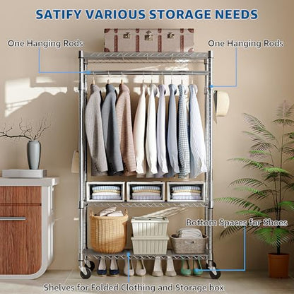 M MZG Heavy Duty Rolling Garment Rack 3 Tiers Adjustable Wire Shelving Clothes Rack with Rods and Side Hooks,Storage Closet Clothing Rack with Wheels Chrome 15.7" D x 29.5" W x 74.5" H - color: Chrome, size: 3 Tier with 1 rod, 15.7"D x 29.5"W x 74.5"H