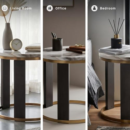 Signature Design by Ashley Jazmore End Table, 24 Inch Round Faux Marble Accent Side Table with Antiqued Brass Finished Metal Frame and Replicated Walnut Wood Legs, White & Black - color: Brown/Brass Finish