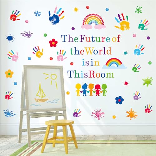 Inspirational Quotes Paint Splatter Handprint Wall Decals Stickers | Peel and Stick Vinyl Wall Stickers The Future of The World is in This Room Quote for School Nursery Bedroom Playroom Decor - color: Inspirational