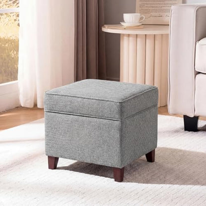Linen Storage Ottoman with Wooden Legs, 17" Square Upholstered Flip-Top Footrest Stool, Extra Seat or Coffee Table for Living Room, Bedroom, Entryway, Grey - color: Grey