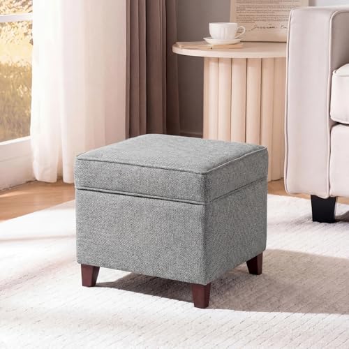 Linen Storage Ottoman with Wooden Legs, 17" Square Upholstered Flip-Top Footrest Stool, Extra Seat or Coffee Table for Living Room, Bedroom, Entryway, Grey - color: Grey