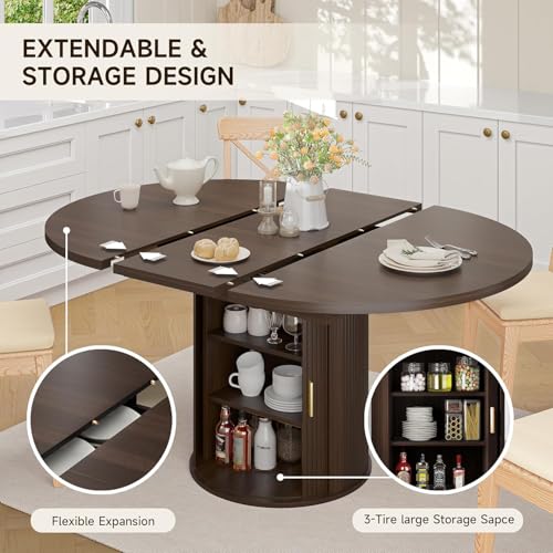 Extendable Round Dining Table: 47″–63″ Kitchen Table for 4 6 8 with Dust-Proof 2-Tier Storage Shelf Space Saving, Modern Farmhouse Expandable Wood Oval Circle Dinner Furniture with Pedestal Base
