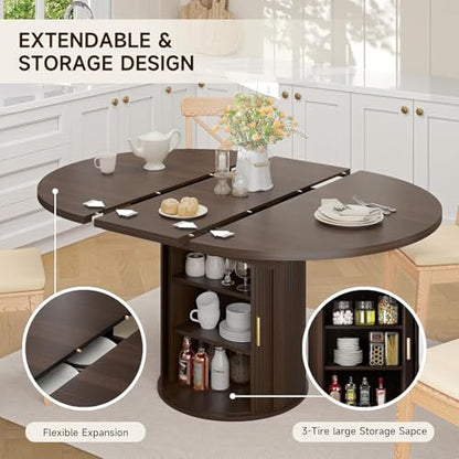 Extendable Round Dining Table: 47″–63″ Kitchen Table for 4 6 8 with Dust-Proof 2-Tier Storage Shelf Space Saving, Modern Farmhouse Expandable Wood Oval Circle Dinner Furniture with Pedestal Base