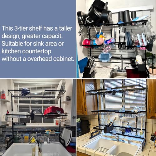 ADBIU Over The Sink Dish Drying Rack (Expandable Height and Length) Snap-On Design 2 Tier Large Dish Rack (27-40L x 12W x 32.5-37H (inches)) - color: Black, size: 27-40L x 12W x 32.5-37H (inches)