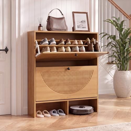 GRUSIGN Shoe Cabinet with 2 Flip Drawers, Narrow Shoe Cabinet Storage for Entryway, Freestanding Shoe Organizer with Adjustable Shelves & Anti-Tipping Device, Shoe Rack Cabinet for Hallway, Foyer - color: Walnut