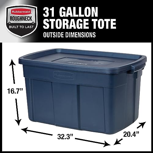 Rubbermaid Roughneck Tote 31 Gal, 3 Pack, Made in USA, Dark Indigo Metallic, Rugged Plastic Stackable Storage Bins with Lids and Handles - size: 31 Gal - 3 Pack
