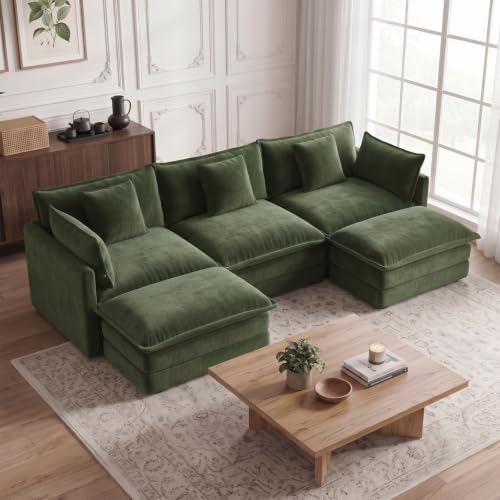 103.8" Chenille U Shaped Modular Sofa with Ottoman,Green | Randomly Assemble Modular Sofa Sets, Modern Recliner Deep Seat Sofa Set for Living Room,Office - color: Green, size: 3S+2O