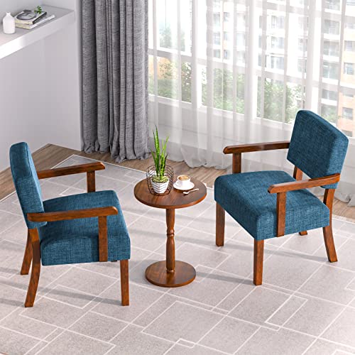 Accent Chairs Set of 2, 2 Solid Wood Armchairs with Side Table | Living Room Chairs with Soft Thicken Cushion, Comfy Reading Chair for Bedroom, Waiting Room, Home Office, Easy Assembly - color: Linen Blue, size: Set of 2 with table