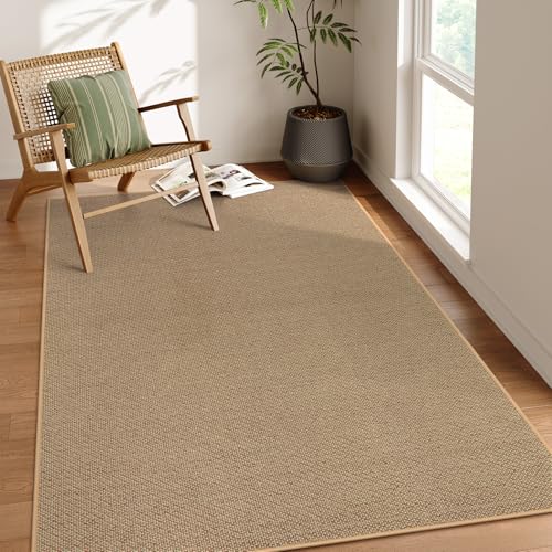Lahome Farmhouse Living Room Rug, 5x8 Washable Area Rugs for Bedroom | Neutral Chenille Large Carpet, Dining Room Non Slip Stain Resistant Floor Mat for Office Entryway, Beige/Khaki - color: Beige/Khaki, size: 5' x 8' (Rectangular)