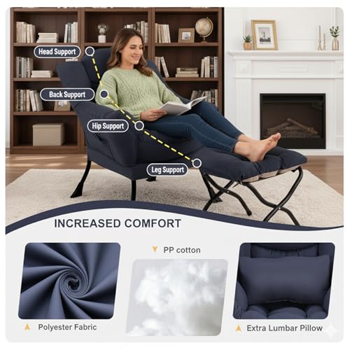 Lazy Chair with Ottoman, Reading Chair with Lumbar Pillow，Navy | Comfy Accent Lounge Chair with Pillow & folding Foot Stool, sturdy metal frame for bedroom, dorm or apartment, Living Room - color: Navy Blue