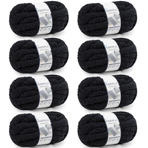 Cozyful Chunky Yarn for Hand Knitting - #10 Chunky Chenille Yarn, Jumbo Big Thick Chunky Yarns for Crocheting, Super Bulky Chunky Knit Blanket Yarns, 8 Skein (22 yds 8 oz Each Skein), Black - color: Black