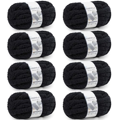 Cozyful Chunky Yarn for Hand Knitting - #10 Chunky Chenille Yarn, Jumbo Big Thick Chunky Yarns for Crocheting, Super Bulky Chunky Knit Blanket Yarns, 8 Skein (22 yds 8 oz Each Skein), Black - color: Black