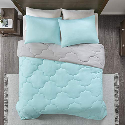 Comfort Spaces Vixie Reversible Comforter Set - Trendy Casual Geometric Quilted Cover, All Season Down Alternative Cozy Bedding, Matching Sham, Aqua/Gray, Twin/Twin XL 2 piece | Down Alternative, All Season, Bedding for Bedroom, Geometric Pattern, Reversi