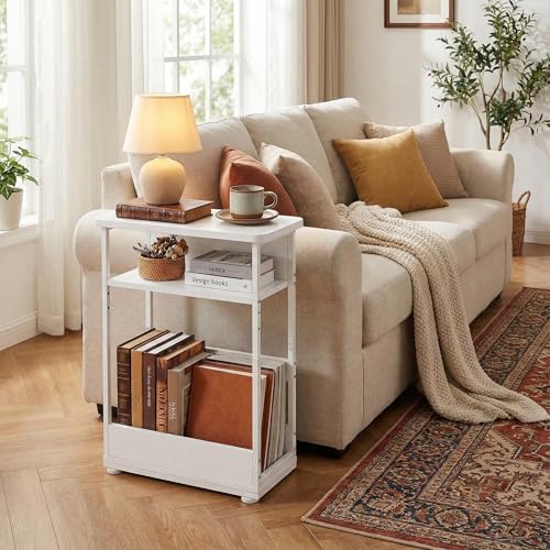 Narrow Side Table,3-Tier Slim End Table with Storage Shelf,Modern Sofa Table Thin Side Table for Narrow and Small Spaces, Skinny Bedside Table Small Nightstand with Magazine Rack Space Saving/White - color: White