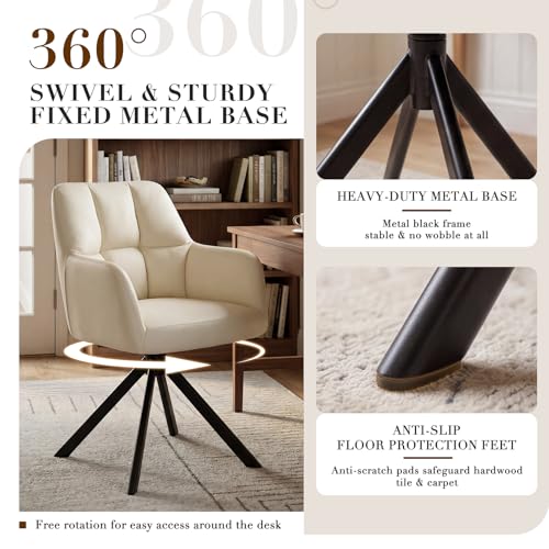 EALSON Comfy Leather Desk Chair Modern Computer Task Chair no Wheels Swivel Accent Chair with Mid Back Arm Chair for Living Room/Bedroom/Home Office, PU Beige - color: Beige