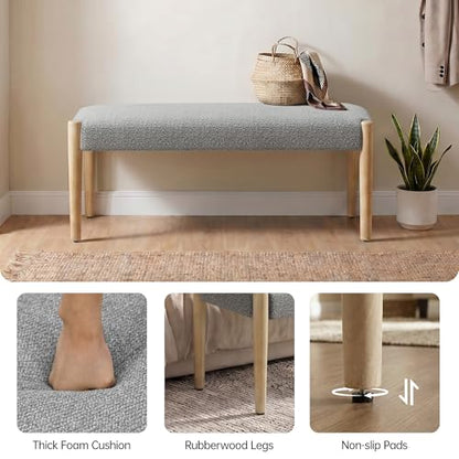 Usaint 42" End of Bed Bench with Wood Legs, Grey with Oak Leg | Modern Upholstered Bedroom Bench with Rubberwood Legs, Entryway Bench with Cushion, Dining Bench for Living Room, Bedroom - color: Grey With Oak Leg