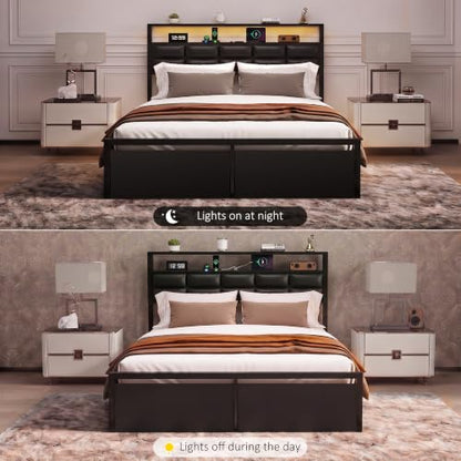 Queen Bed Frame with 2 Storage Drawers, LED Lights & Charging Station, Upholstered Headboard with Shelves, Heavy Duty Metal Platform, No Box Spring Needed, Noise Free, Easy Assembly - size: Queen