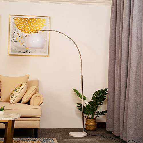 Mid Century Modern White Arc Floor Lamp for Living Room and Bedroom | 9.84 In Globe Acrylic Lampshade,Marble Base,59-70 In Adjustable Height,3000K Warm Light,Foot Switch Control,Couch Lamp - color: White-Acrylic