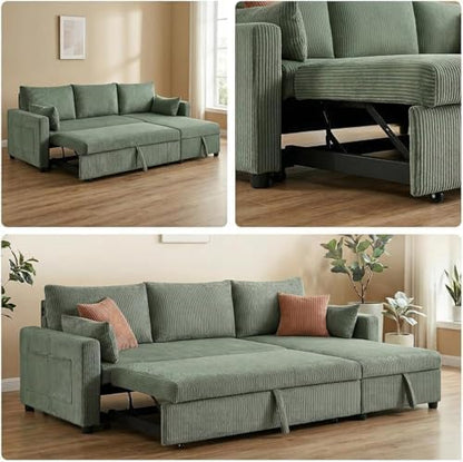 85'' Queen 3-Seat Pull Out Sleeper Sofa Bed with Storage, Green | Convertible Sofa Bed with Storage, 85 Inch,L Shaped 3 Seat Sectional Sleeper Sofa - color: C-green-3r