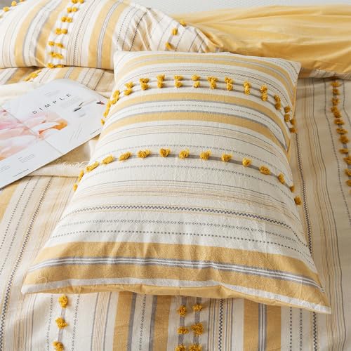 Washed Cotton Queen Size Duvet Cover Set - Tufted Dots Boho Chic Bedding for All Seasons, Striped Pom Pom Bedding Linen Like Textured Breathable Durable Soft Comfy (Yellow, 90x90'') - color: Yellow, size: Queen