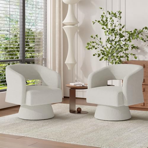 Swivel Barrel Accent Chair,Oversized Teddy Upholstered Round Swivel Chair,Modern Luxury 360 Degree Living Room Vanity Chair for Bedroom Office,White - color: White-teddy Fabric, size: Set of 2