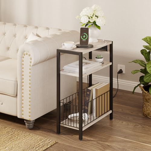 TRIFEBLE Narrow Side Table with Charging Station, Small End Table for Small Spaces, Slim Nightstand with Storage Basket, 3 Tier Skinny Bedside Table for Living Room, Bedroom, Greige - color: Greige