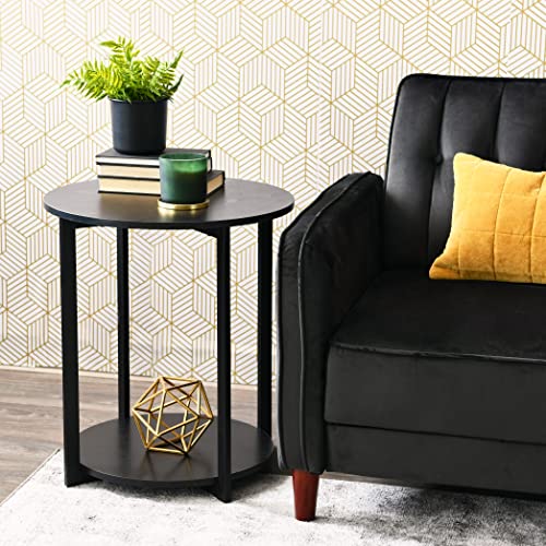 Household Essentials Jamestown Round Side End Table with Storage Shelf, Black Oak Wood Grain and Black Metal Frame - color: Black Oak