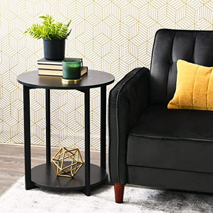Household Essentials Jamestown Round Side End Table with Storage Shelf, Black Oak Wood Grain and Black Metal Frame - color: Black Oak