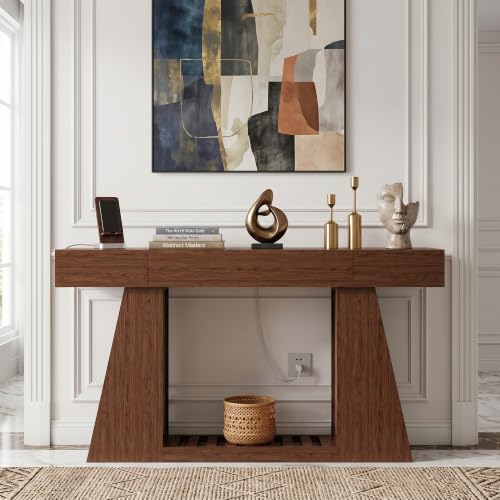 KEIKI 60" Narrow Console Table with Built-in Power Outlet, Farmhouse Sofa Table Behind Couch with Side Storage Compartment & Slatted Shelf, Entryway Foyer Hallway Accent Table, Rustic Walnut