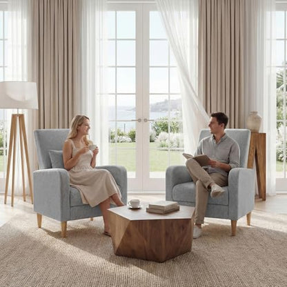 COLAMY Mid-Century Modern Accent Chairs Set of 2, Fabric Upholstered Living Room Chairs with Back Pillow & Solid Wood Legs, Comfy Armchair for Living Room, Bedroom, Single Sofa, Grey - color: Grey, size: Set of 2