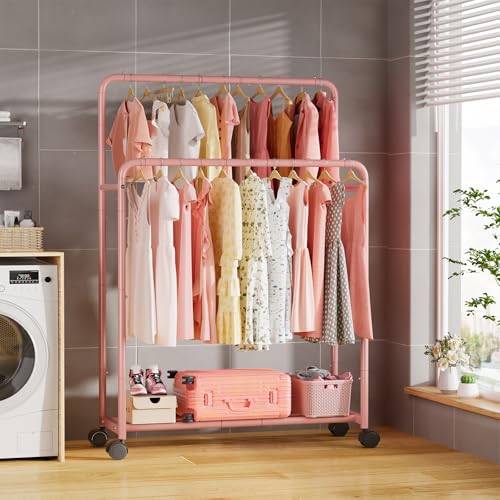 Simple Trending Clothing Clothes Rack, Double Rod Garment Rack, Pink | Portable Closet with Bottom Shelf, Anti-Slip Stoppers, 360° Lockable Wheels, Multiple Uses, Bedroom, Laundry Room - color: Pink