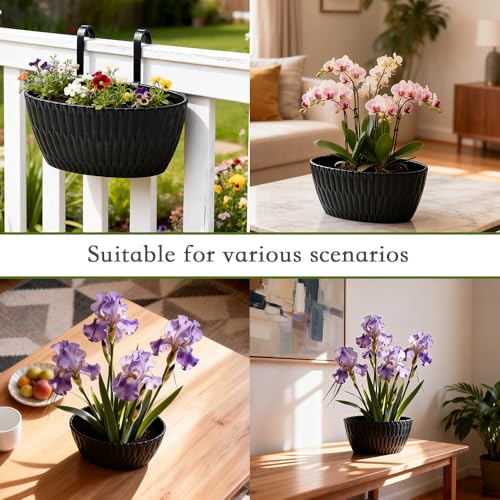 9 Inch Hanging Flower Pots, 3 Pcs Black Railing Fence Hanging Bucket Planter with Detachable Hooks, Countryside Window Plant Holder for Outdoor Garden Yard Home Decor