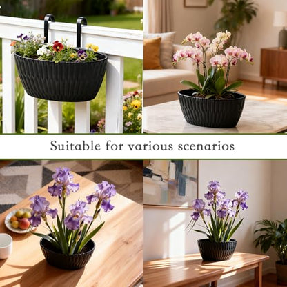 9 Inch Hanging Flower Pots, 3 Pcs Black Railing Fence Hanging Bucket Planter with Detachable Hooks, Countryside Window Plant Holder for Outdoor Garden Yard Home Decor