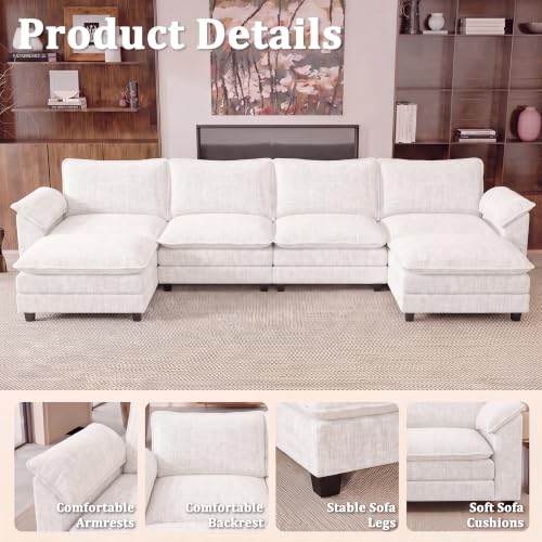 JUMMICO 159" U-Shaped Shaped Sectional Couch, Modular Cloud Sofa, White | 2 Movable Ottoman,4 Deep Seats, Sturdy Frame, Comfy Chenille, Easy Assembly, Sleeper Sofa for Living Room, Apartment - color: White, size: U Shaped Sofa