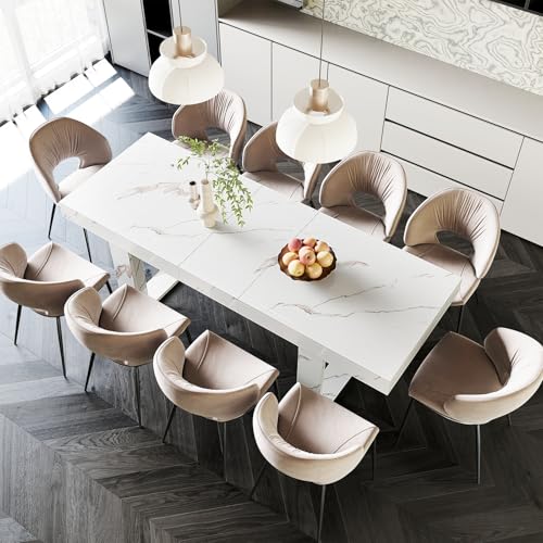 71-87 Inch White Extendable Dining Table, Seats 6-10, Modern Kitchen Table | STHOUYN Expandable Dining Room Table, White Marble-Look Finish, Modern Rectangle Design, Seats 6-10, Kitchen Dinner Table - color: White