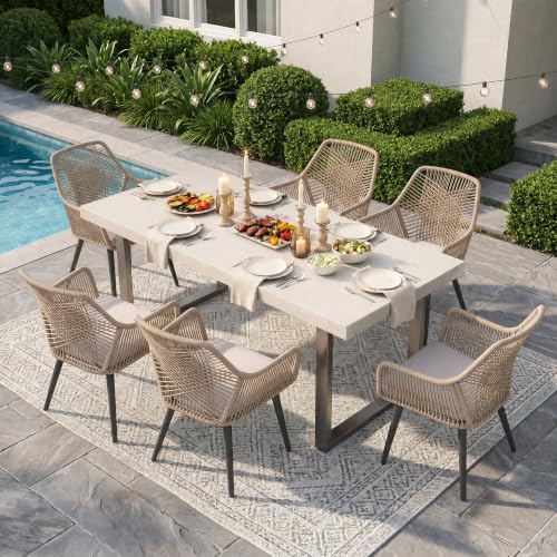 Patio Dining Chairs Set of 6, Woven Outdoor Chairs with Armrest, Tan | All-Weather Woven Rope Rattan & Iron Frame, w/Seat Cushions,350lb Weight Capacity, for Backyard, Deck, Indoor Dining Kitchen - color: Tan & Cross Back, size: 6 Pcs-Dining Chairs