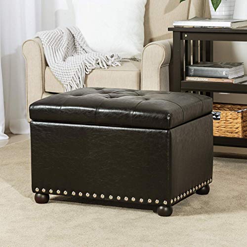Leather Storage Ottoman, 24" Rectangle Tufted Foot Rest Stool, for Living Room Bedroom, Midnight Black - color: Midnight Black