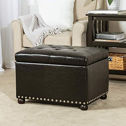 Leather Storage Ottoman, 24" Rectangle Tufted Foot Rest Stool, for Living Room Bedroom, Midnight Black - color: Midnight Black