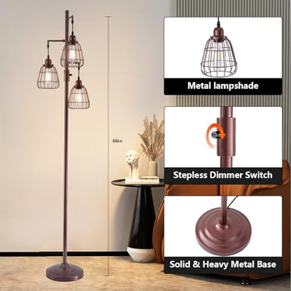 9MMML Dimmable Floor Lamp,Industrial Farmhouse Tall Standing Floor Lamp for Living Room, Bedroom Office,3 Teardrop Cage Lampshade,3 LED Bulbs Inculded. 68'' Tall - color: Oil-Rubbed Bronze